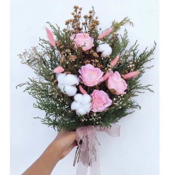 Buket pink rose -  handbuket -  Bunga Pernikahan - bunga kapas