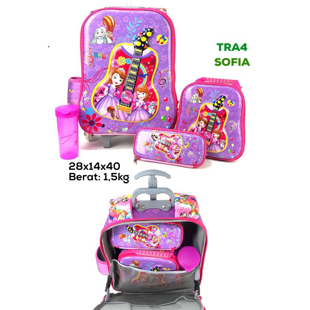 (RK)Tas Troli Sekolah Anak Perempuan 6D 4in1 Tas Anak Sofia Ungu 6 Roda Import