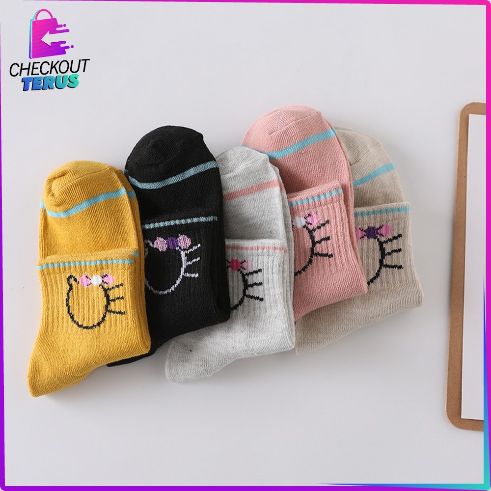 CT P257 Kaos Kaki Motif Garis Kucing Panjang Semata Kaki Ala Korea Kaos kaki Pendek Wanita Import Kaos Kaki Lucu Murah