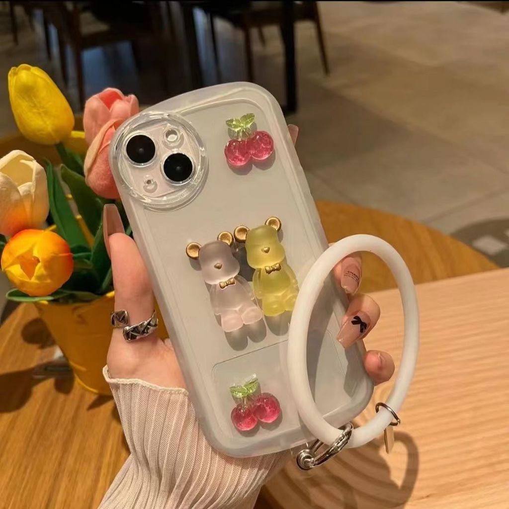 Case Tiga Dimensi Motif Cherry Bear Dengan Gelang Untuk iphone 12 13 11 Pro Max X Xs Max Xr Htc6