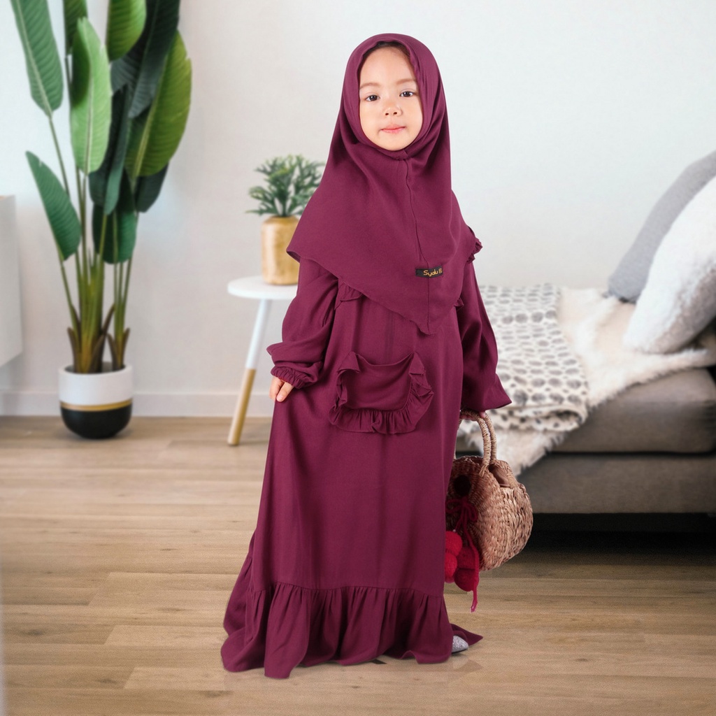 Set Gamis Humaira Anak Usia 1 Sampai 2 Tahun Bahan Rayon Twill Premium Polos Terbaru Maroon