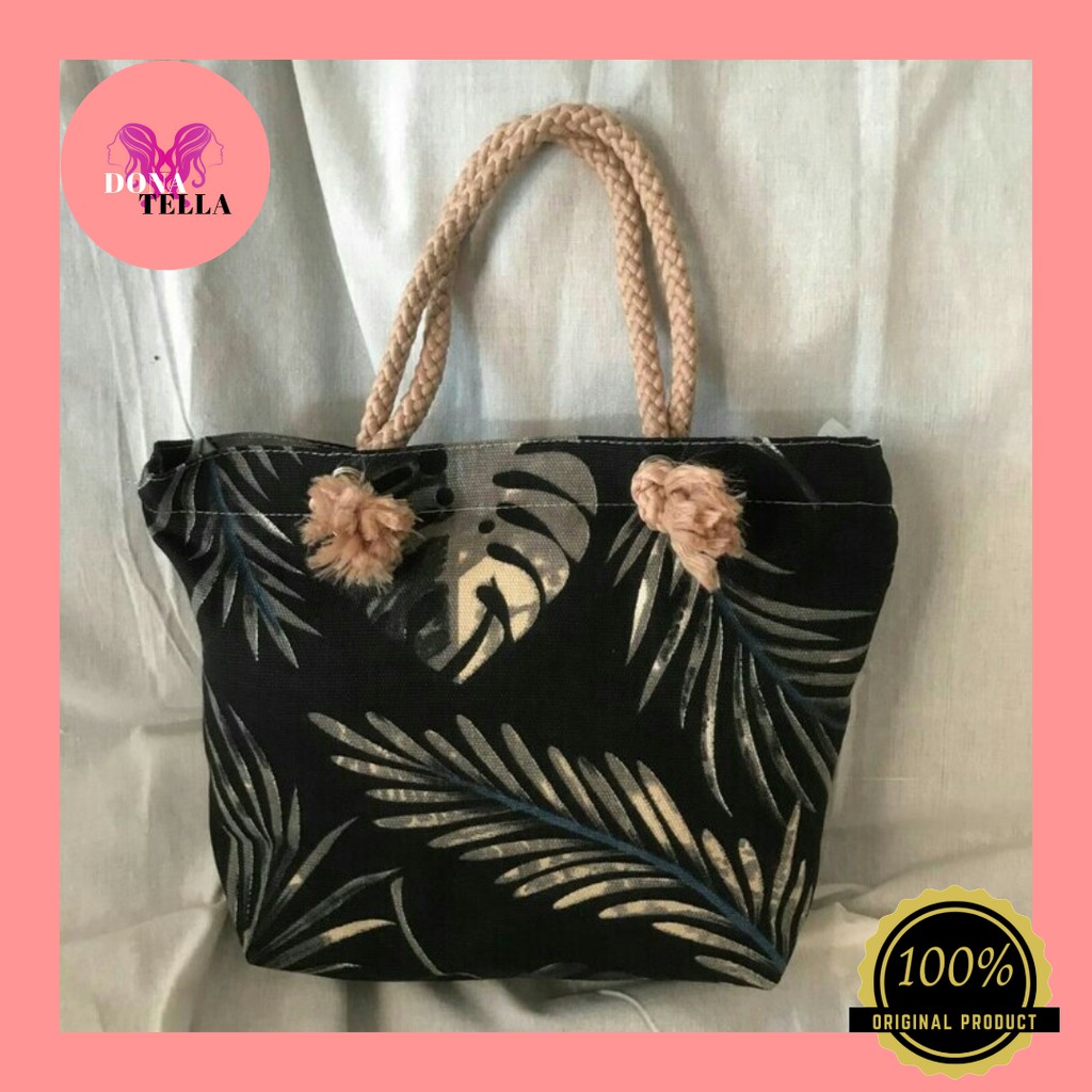 Totebag Sumbu Mini Bahan Kanvas Murah Kekinian - Motif Black Leaf