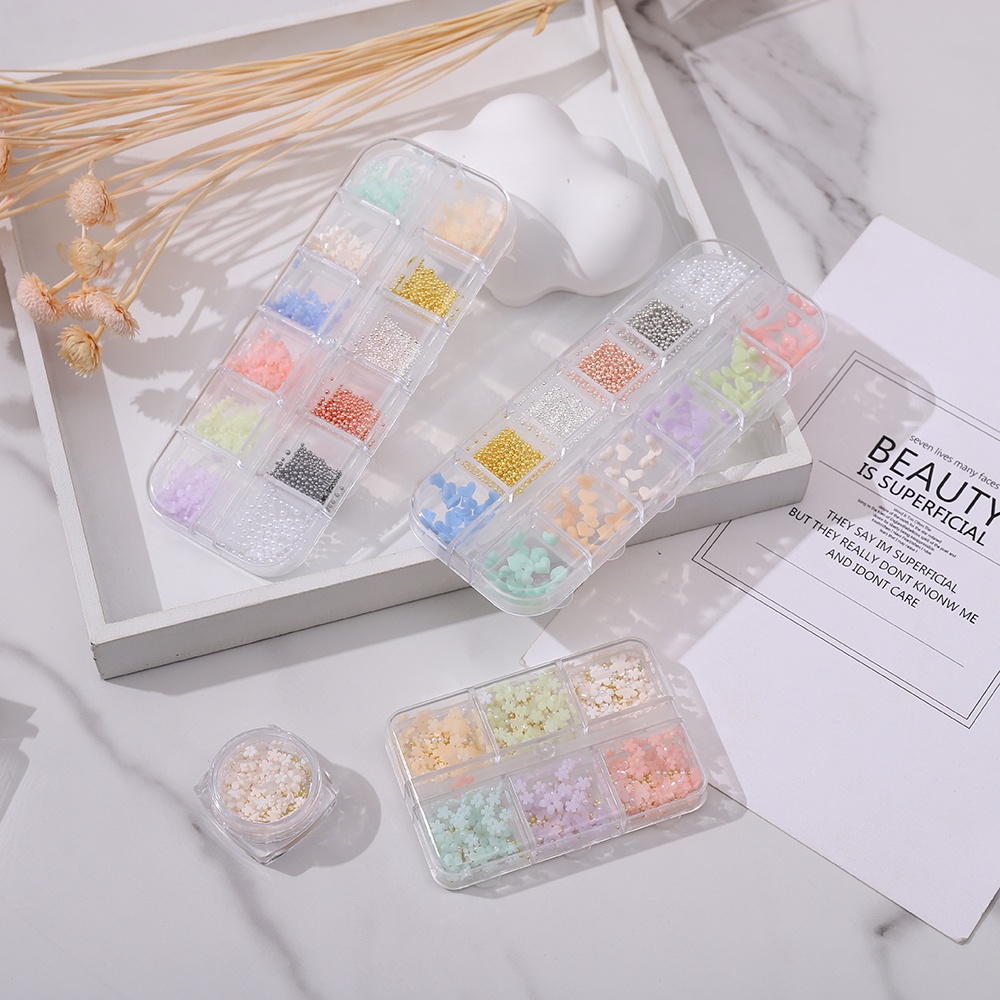 12 Kotak Bunga Lima Kelopak Bola Baja Mutiara Untuk Dekorasi Manicure DIY