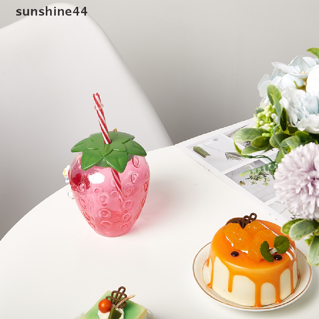 Sunshine Cangkir Minum Susu / Teh / Kopi Bahan Plastik Motif Kartun strawberry Dengan Sedotan