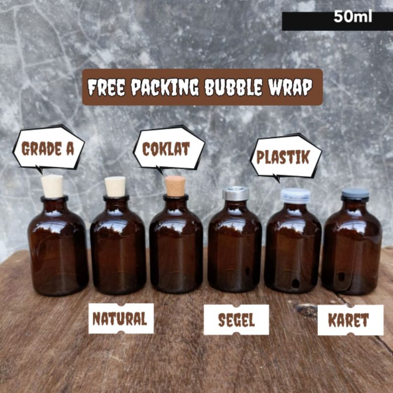 Botol Kaca VIAL 50ml AMBER / COKLAT 50ml tutup kayu gabus / plastik / karet / segel / botol diffuser