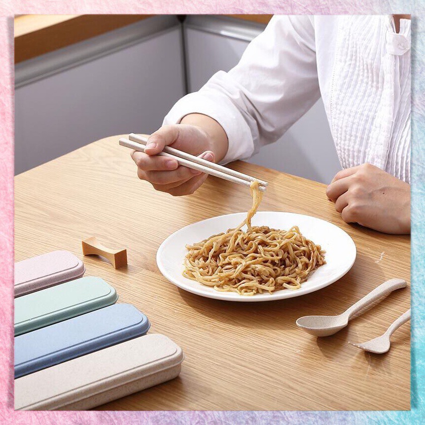 1 Set Alat Makan Sendok Garpu Sumpit + Box Plastik Jerami | Wheat Straw Portable Travel Cutlery