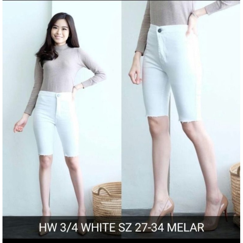 D3W CELANA JEANS WANITA 3/4 HW PUTIH BAHAN SOFTJEANS STRETCH MELAR SIZE 27-34