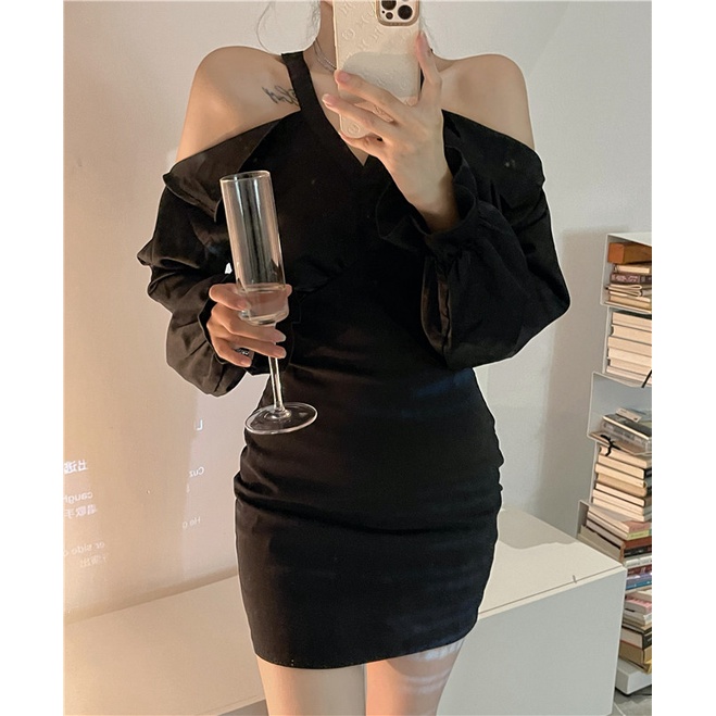 Suhao halter shirt dress hitam terang dewasa rok v-neck off-the-shoulder dengan rok bawah pinggul