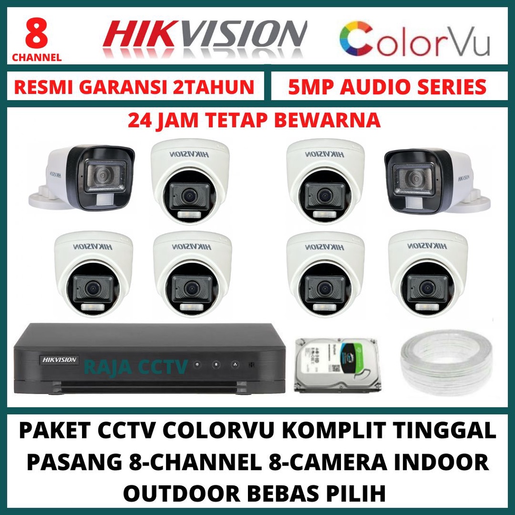 PAKET CCTV HIKVISION 5MP COLORVU 8 CHANNEL 8 CAMERA TURBO HD 3K KAMERA CCTV AUDIO SERIES