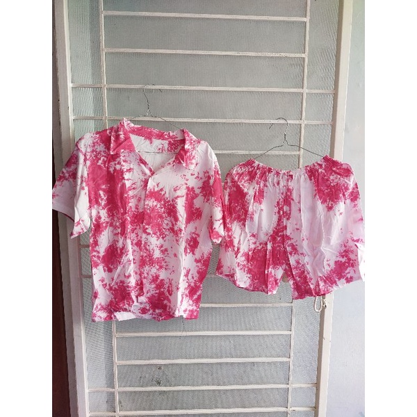 Setelan Kemeja Kancing Tie dye Celana Pendek Rayon