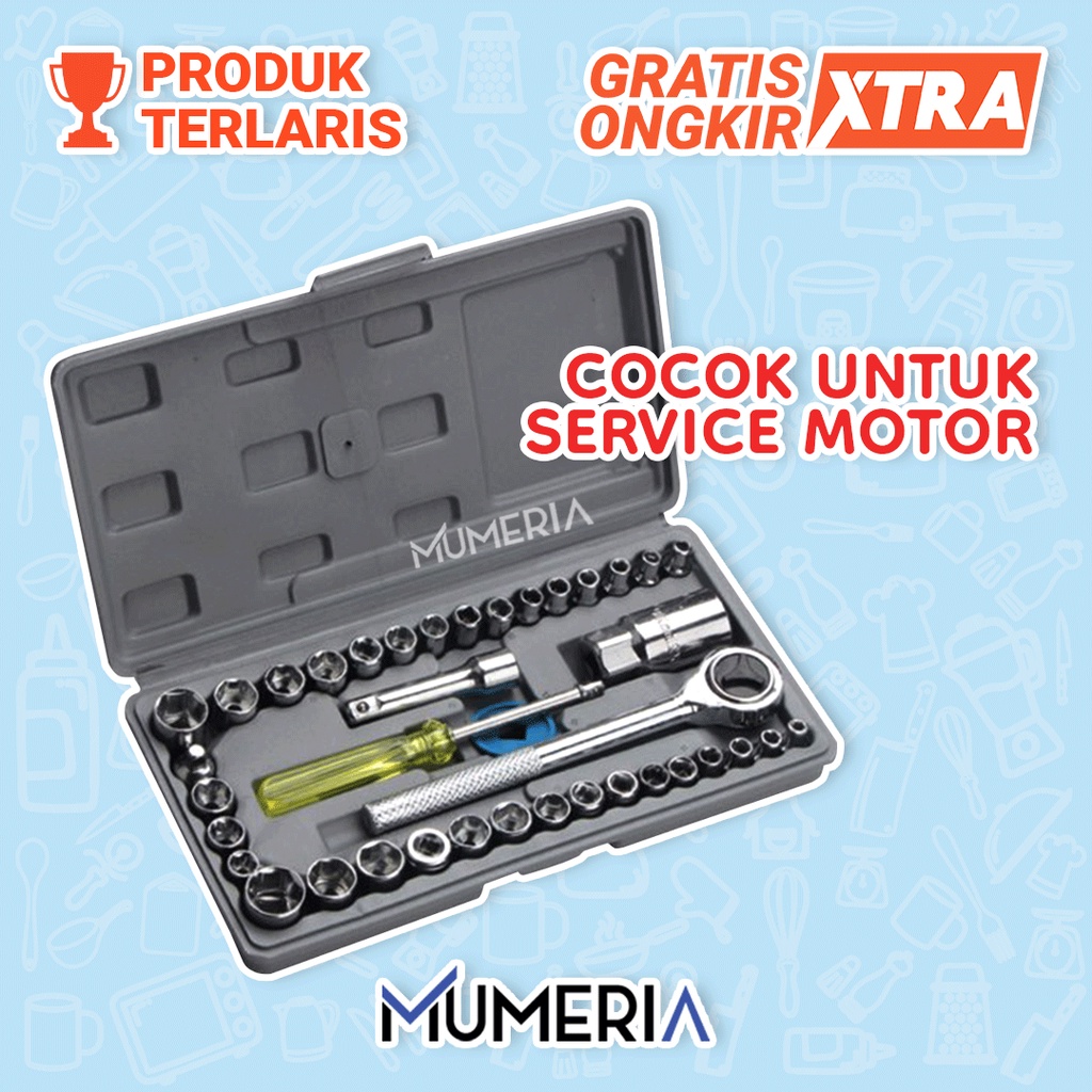 Kunci Pas Shock Sok Socket Ring Wrench Obeng Peralatan Universal Set 40 in 1 Bengkel Mobil Motor