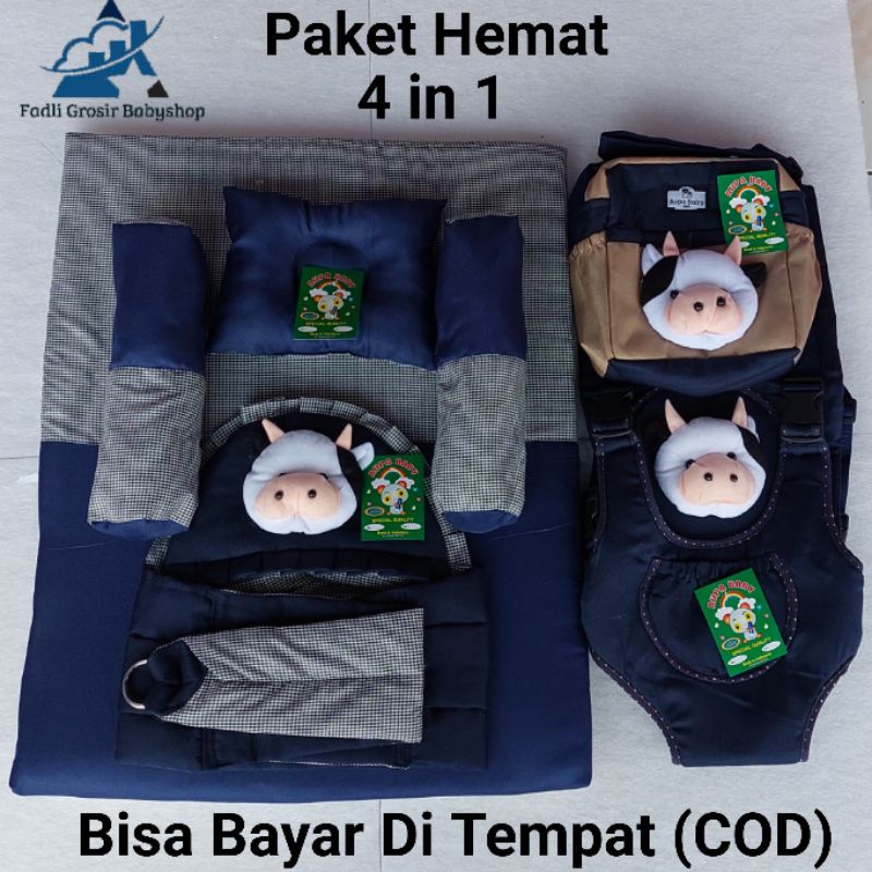 Paket Hemat (4 in 1) Kasur Matras Bayi Set Bantal Guling Tas Bayi Boneka Sapi Gendongan Bayi Samping Boneka Sapi Dan Gendongan Bayi Depan Ransel Terbaru