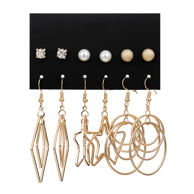 LRC Anting Set Fashion Gold Pearl Five-pointed Star Big Circle Earrings Set Of 6 F71693