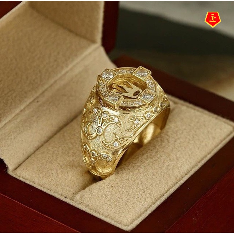 [Ready Stock]18K Gold Crown Ring Vintage Engraving Full Diamond