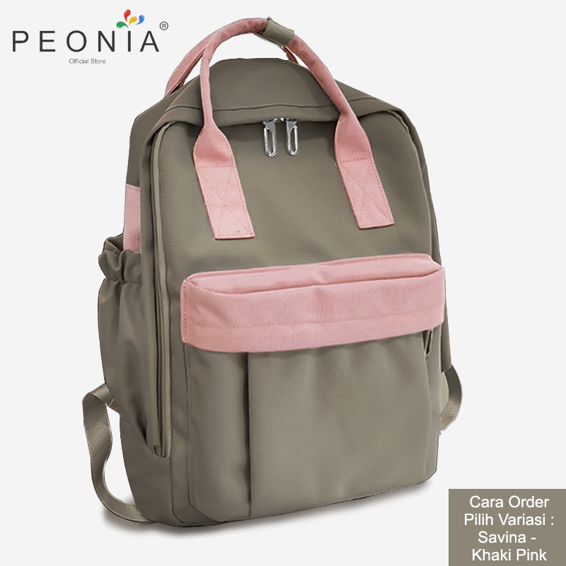 Peonia PNA SAVINA Ransel Korea Tas Wanita Laptop Punggung Import Kantor Kerja Sekolah Kuliah Outdoor Trendy Fashion Style Travel Casual Backpack Anak Remaja Perempuan Selempang Cewek Bag-Khaki Pink