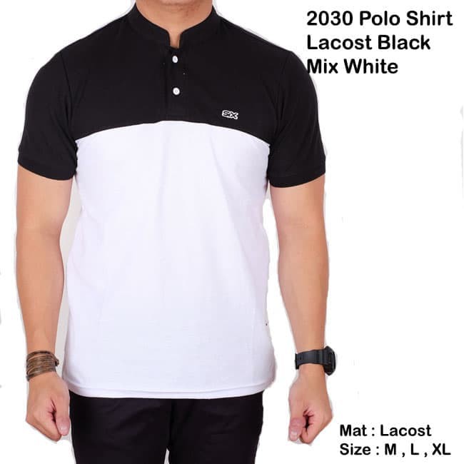 polo shirt cowok pria lengan pendek / baju kaos kerah 3 tone - Hitam, M