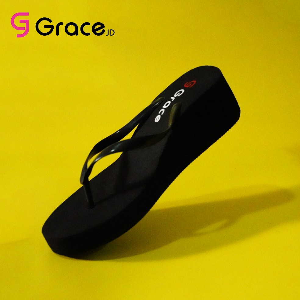 Grace(Black Rose)/sandal hak spon hitam dengan japit polos/Sandal jepit wedges simple wanita helen-1