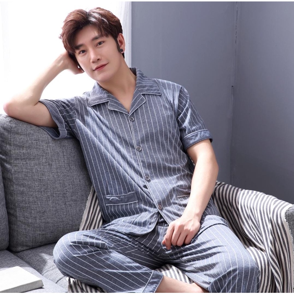 Cp piyama cowok dewasa corak kotak/Piyama Baju Tidur Pria Dewasa Import/setelan piyama lengan pendek-CP.KRAH SALUR ABU