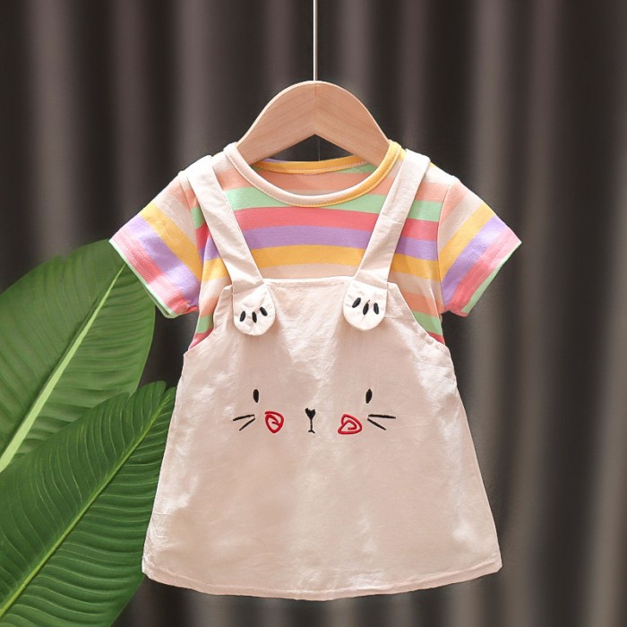 RAINBOY Setelan baju dress Kaos dan rok anak bayi lucu karakter imut - Rainbow, M