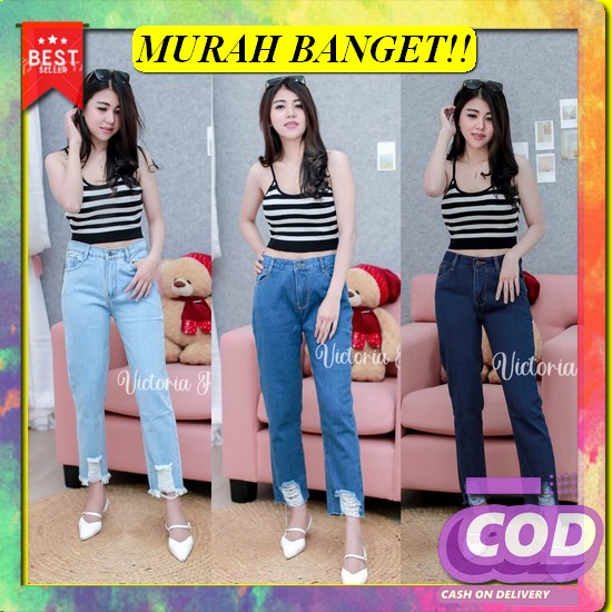 Promo,Celana Robek Lutut Wanita Warna Abu-Abu_Jeans Wanita Pensil Abu- Victoria Celana Boyfriend Jea