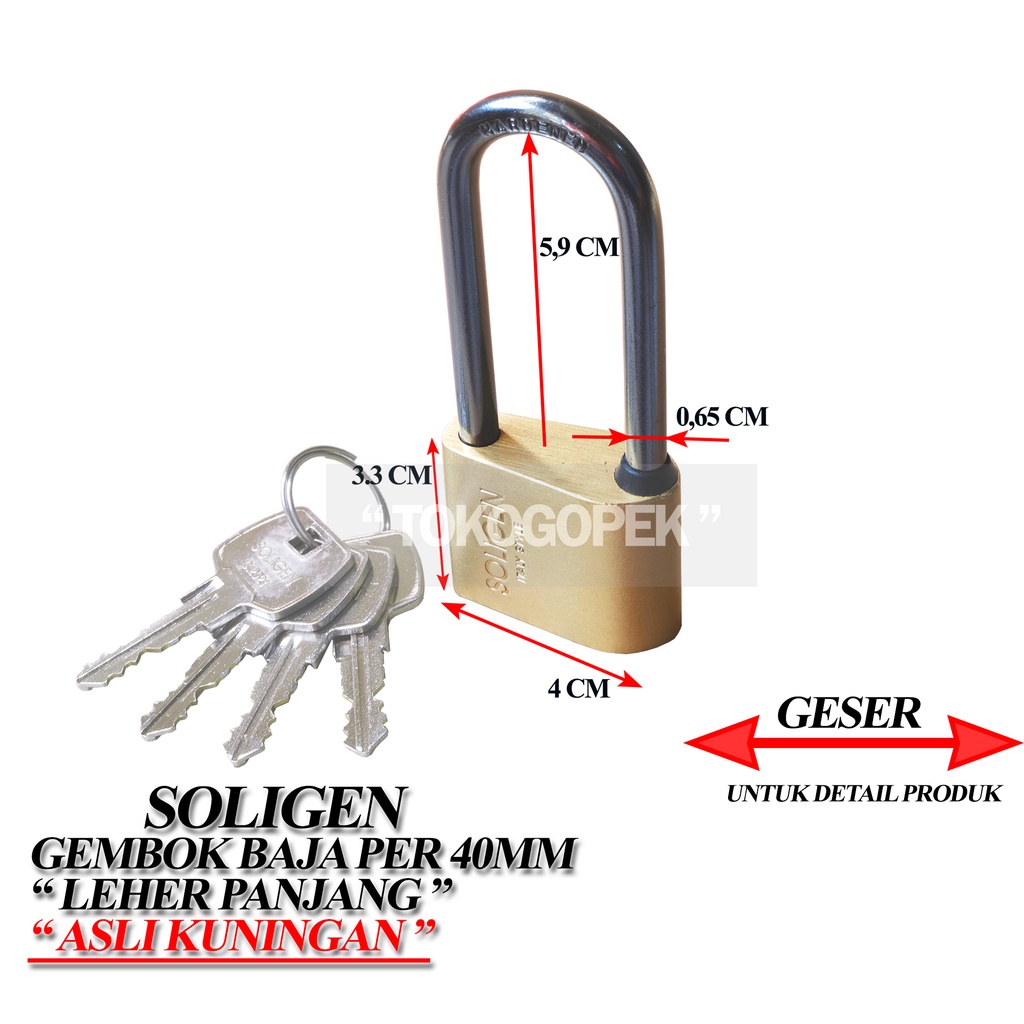 SOLIGEN GEMBOK BAJA 40MM PANJANG ANTI CUT SILINDER KUNINGAN