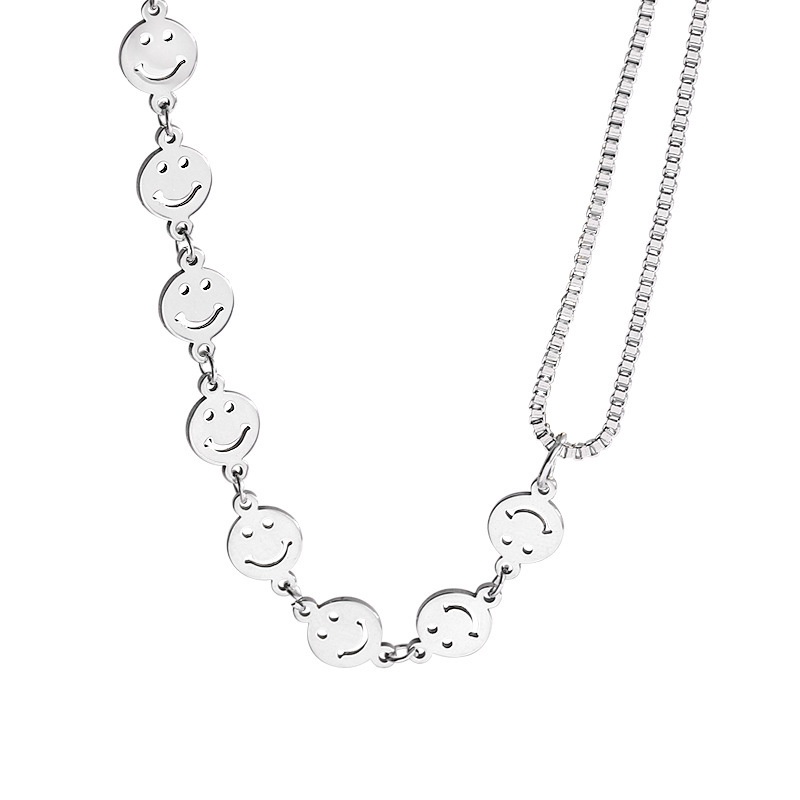 Kalung Rantai Bahan Titanium Steel Model Double layer Motif Smiley Face Gaya Hip hop Untuk Wanita