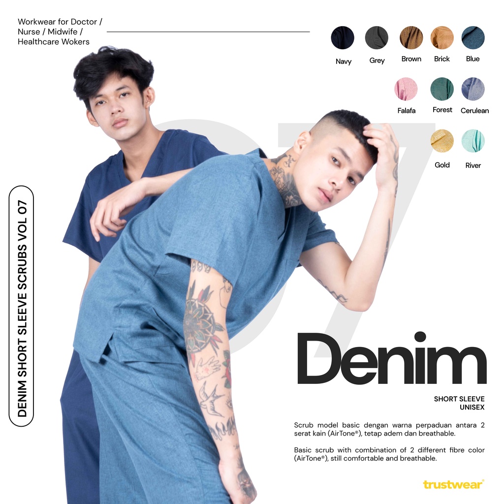 [DENIM COLLECTION] Doctor’s Scrub/Set Baju Celana Jaga  OKA OK Perawat/Dokter Lengan Pendek VII