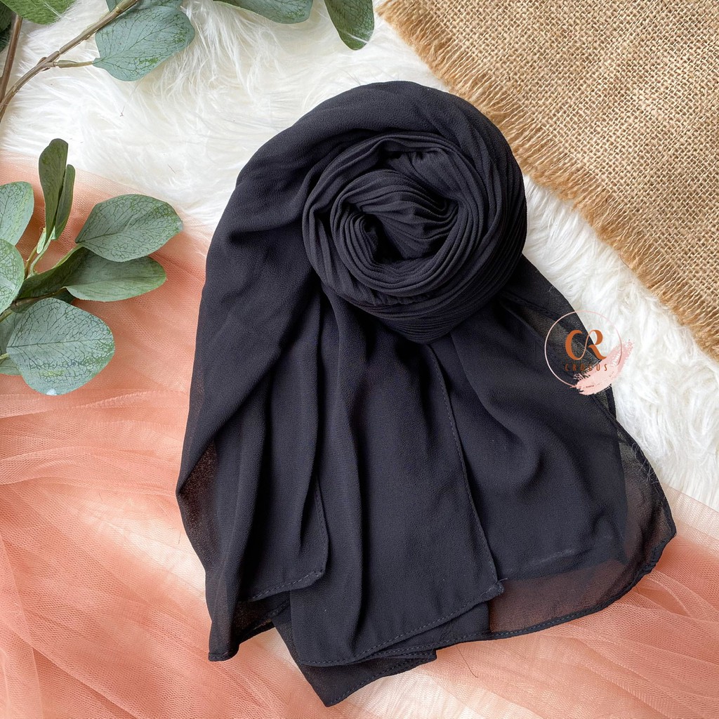 [𝐂𝐫𝐨𝐜𝐮𝐬] (180 * 60cm) Pashmina Plisket Ceruty Baby Doll / Pasmina Pleated Hijab Kerudung-Shawl Full - BLACK