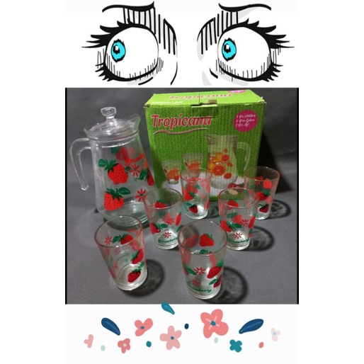 Teko Gelas Juice Set Kaca Motif stoberry Juice Set MR2077