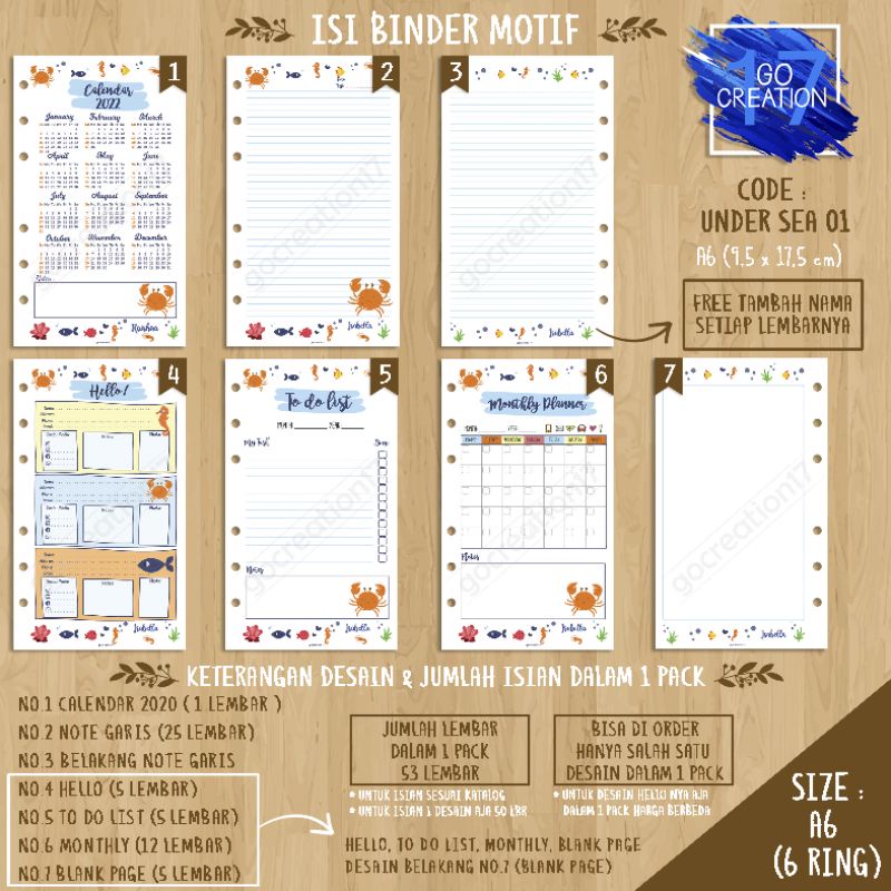 

Buku Planner isi Kertas Binder Motif Under Sea 01 Premium A6 ring 6
