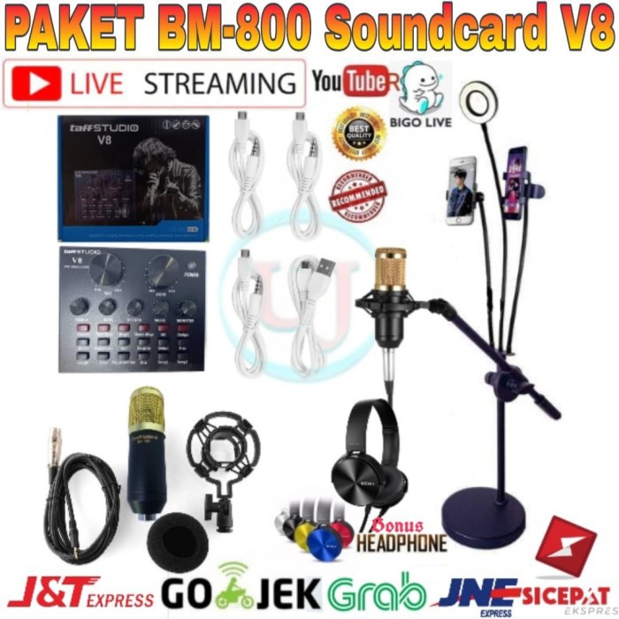 Paket Mic BM800 Soundcard V8 Stand 2x phone Holder Lampu Ring Light -