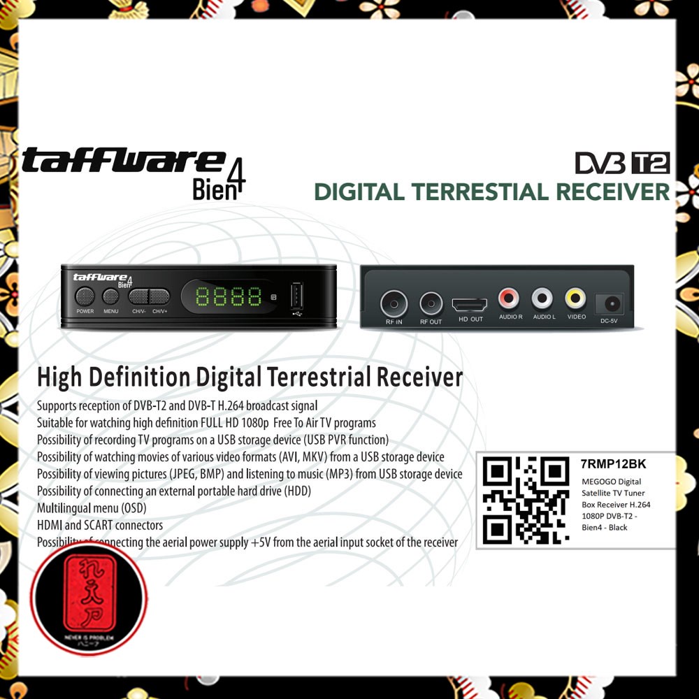 Taffware Bien4 Digital Satellite TV Tuner Box Receiver H.264 1080P DVB-T2 - Black