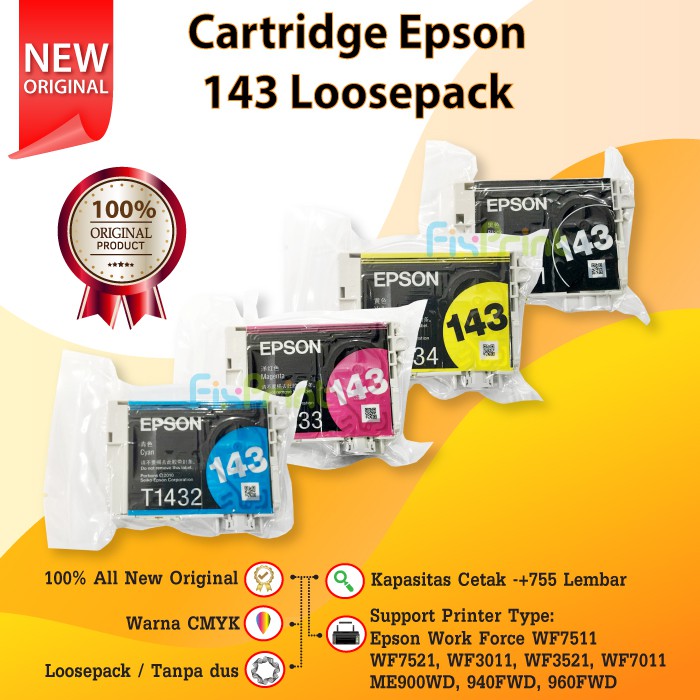 Cartridge Original Loosepack Epson 143 T143 Printer WF7511 WF7521 WF3011 WF3521 WF7011 ME900WD 940FW