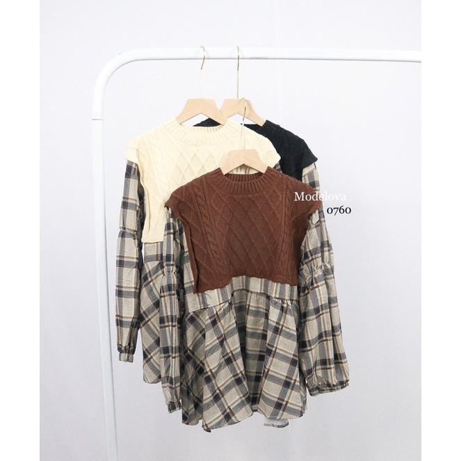 MDLV ~ BM 0760 PLAID BABYDOLL TOPS KOREA BLOUSE RAJUT COMBI ATASAN RAJUT IMPORT FASHION IMPORT