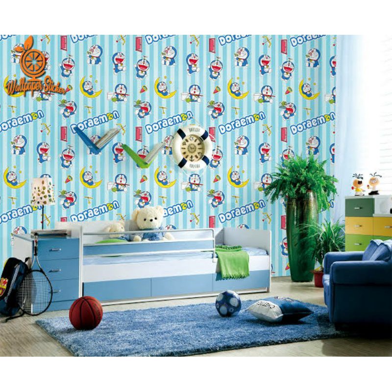 Wallpaper dinding doraemon kotak 3d ukuran 45cm×10m-Doraemon salur