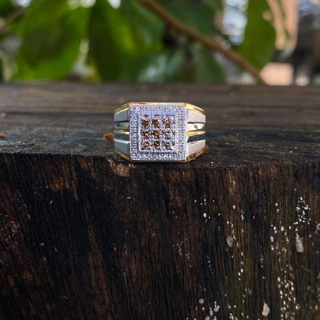 Cincin cowok silver berlian eropa putih dan fancy brown mantap