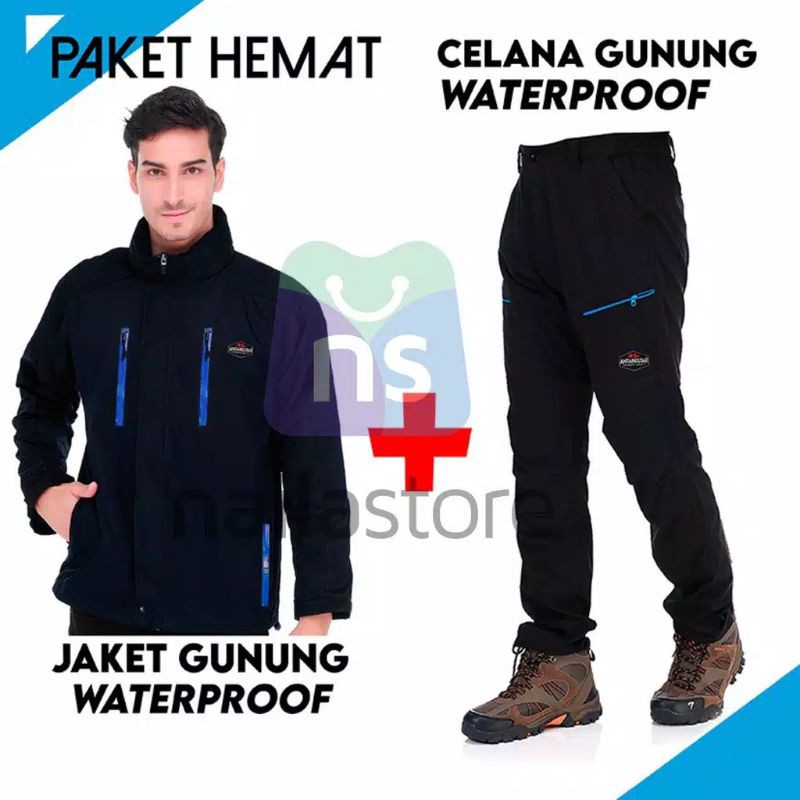 PAKET HEMAT Jaket Gunung Pria Waterproof dan Celana Gunung Waterproof