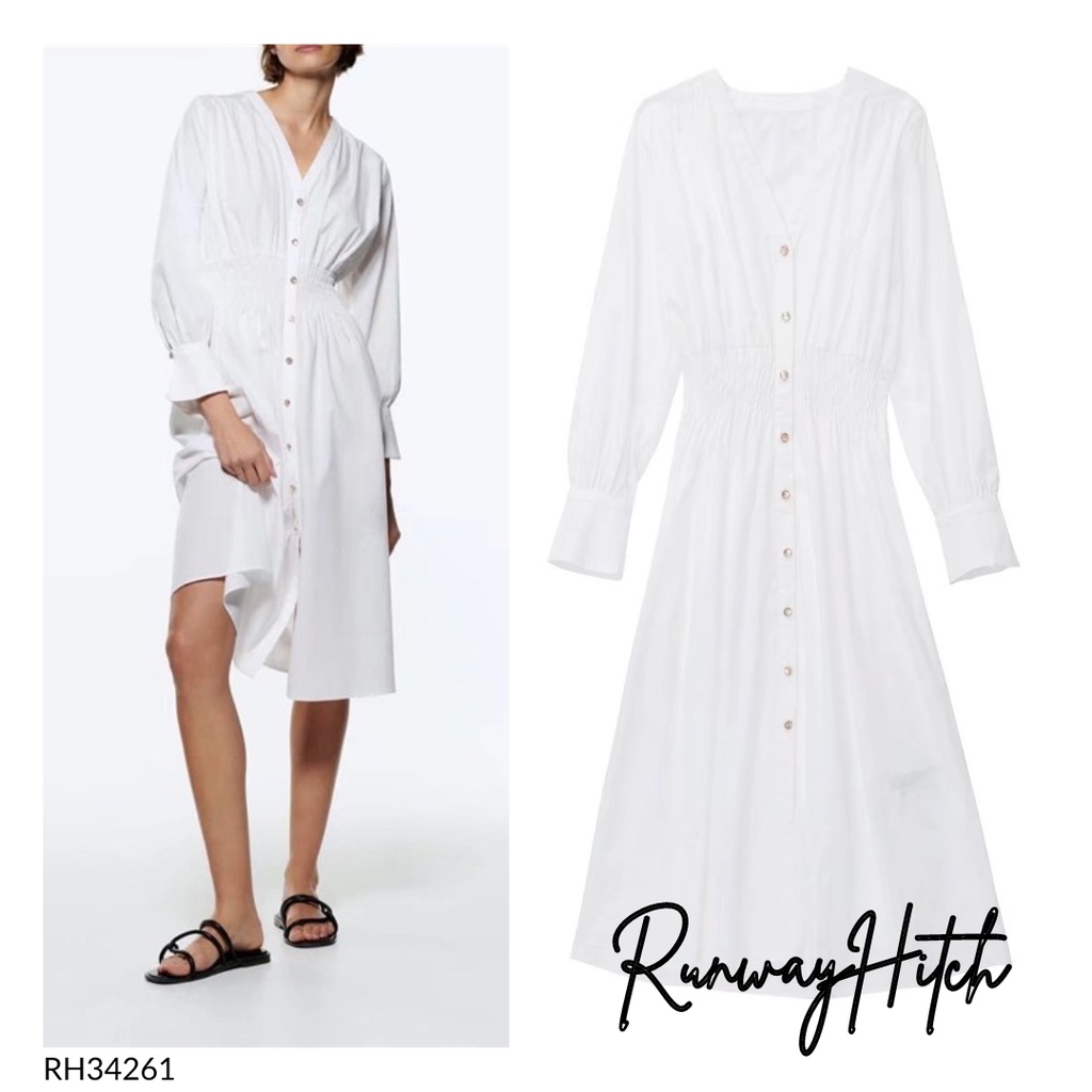 WHITE MIDI DRESS IMPORT RH34261 / MIDI DRESS PUTIH V NECK / BUTTON DRESS KOREA