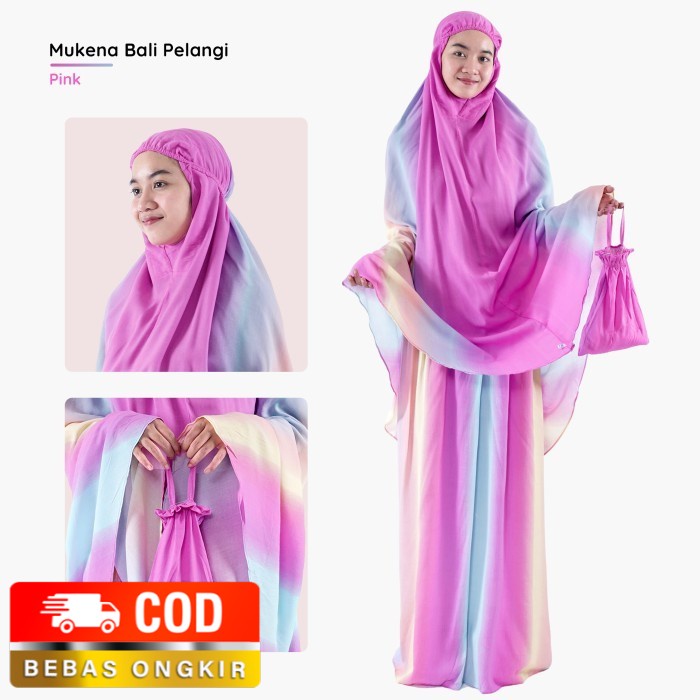 Mukena Dewasa Bali Tasik Pelangi Jumbo Adem Lembut Bonus Pouch Cantik - Pink