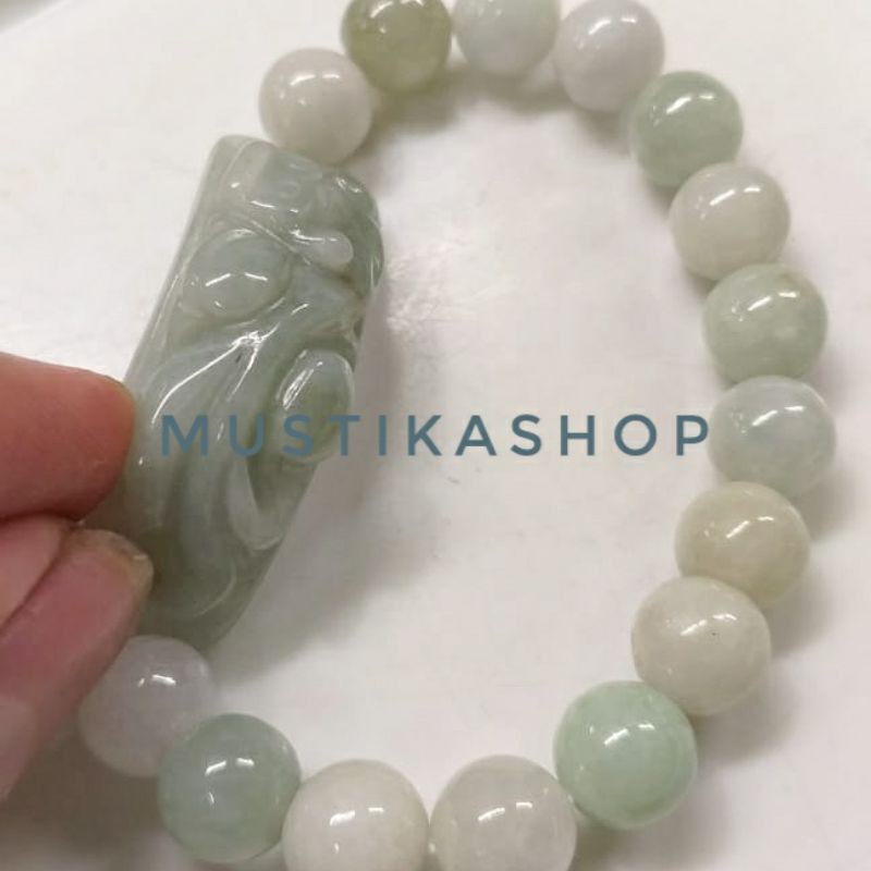 Gelang Batu Giok Jade Birma Putih Model Pixiu 10mm Asli Natural Batu
