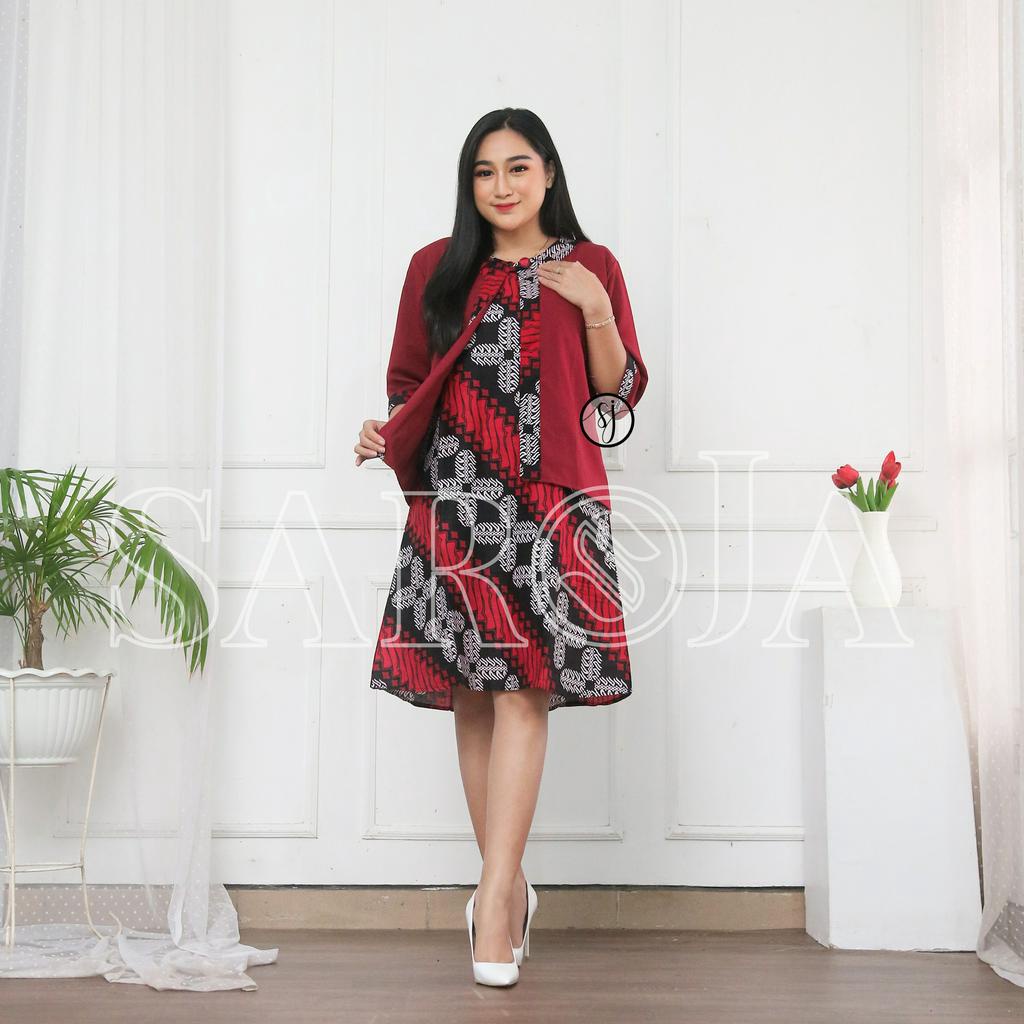 SAROJA | Couple Batik Keluarga Bolero Seno Merah | Dress Wanita Kantor Casual | Couple Natal Keluarga | Couple Natal Pasangan | Dress Natal Jumbo | Baju Natal Couple Keluarga Ayah Ibu Anak