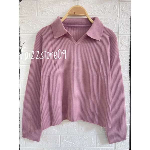 SWEATER RAJUT KERAH POlO MOTIF GARIS SECER WANITA