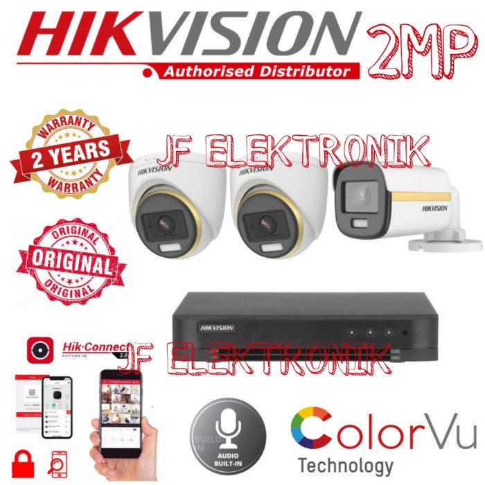 PAKET CCTV HIKVISION 4 CHANNEL 3 KAMERA 2MP COLORVU BUILT IN AUDIO