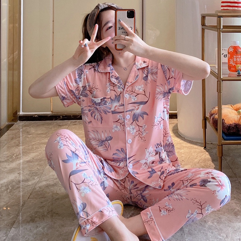 BAJU TIDUR PIYAMA SET KEMEJA CP LENGAN PENDEK CELANA PANJANG IMPORT PREMIUM BANYAK MOTIF 3-BungaPinkOrange