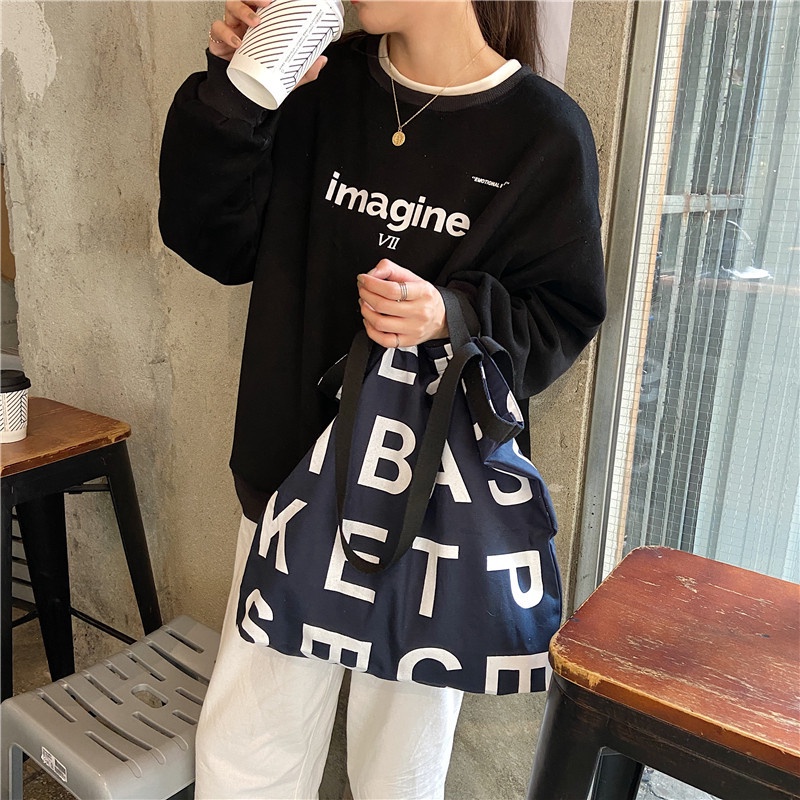 TC-130 tas canvas bahu besar shoulder bag kotak motif huruf tulisan high quality import korea jepang