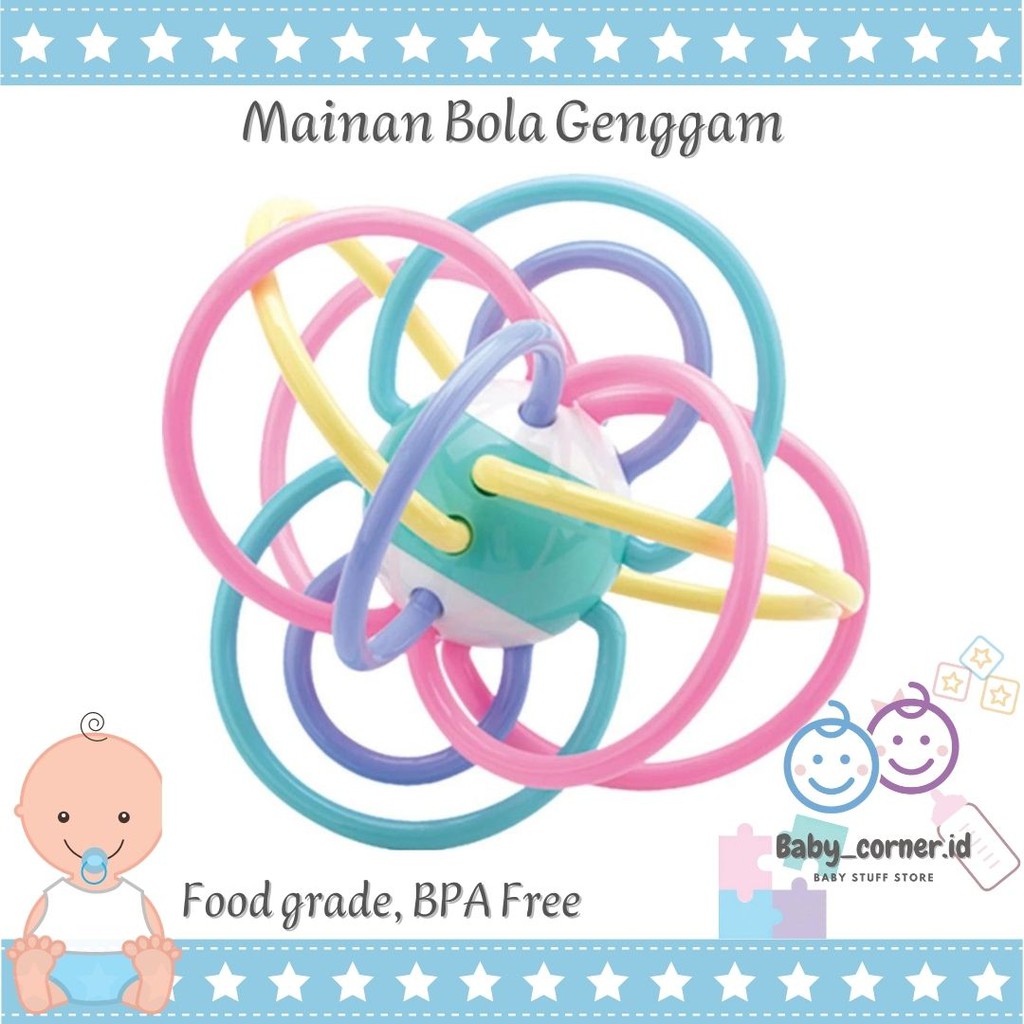 Gigitan Bayi Teether Bola Manhattan Mainan Tether Rattle Bayi Dengan Karet Lembut|  Mainan Sensori Anak| Isi 6pcs Mainan Gigitan Bayi Sensory Handball Mandi Bola Bath Toys