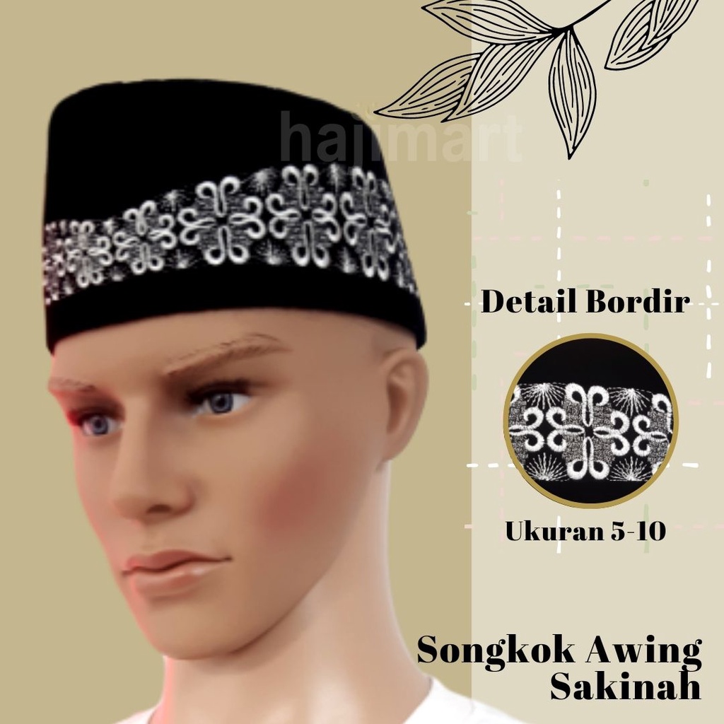 SONGKOK AWING SAKINAH/ SONGKOK HITAM BORDIR WARNA PERAK/ SONGKOK TAHAN KUSUT