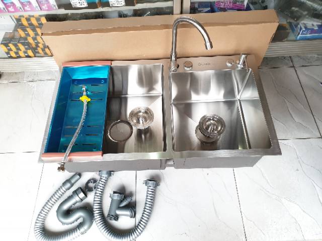 Bak cuci piring 2 lubang stainless SUS304 PAKET LENGKAP