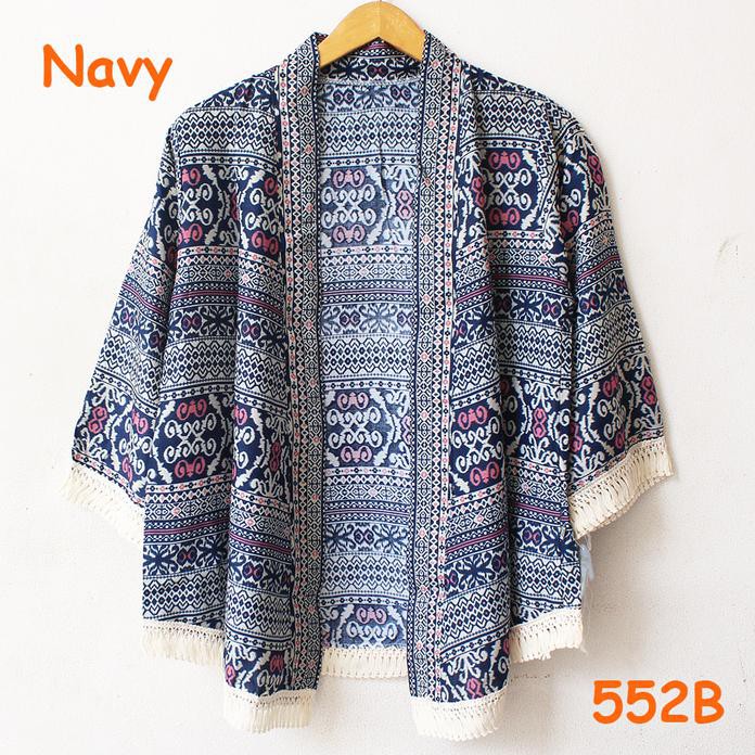 Cardigan Rumbai Batik Etnik Bahan Katun Adem Kimono Waka-Waka Harajuku - Navy
