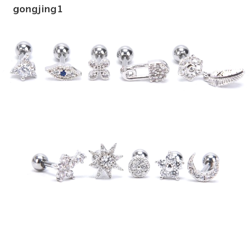 Anting Stud Kristal Berlian Imitasi Bentuk Bunga Bulan Helix Cartilage Body Piercing